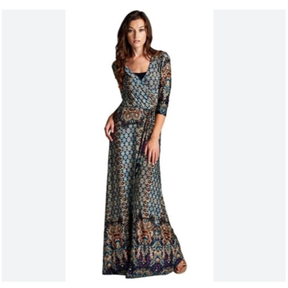 Boho Moroccan Print Faux Wrap Maxi Dress VNeck Geometric Mosaic Gown M USA Made
